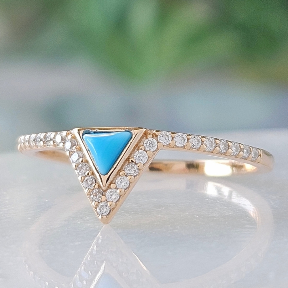 Dainty Gold Geometric ring, turquoise enamel stone. 925 Sterling Silver, Gold